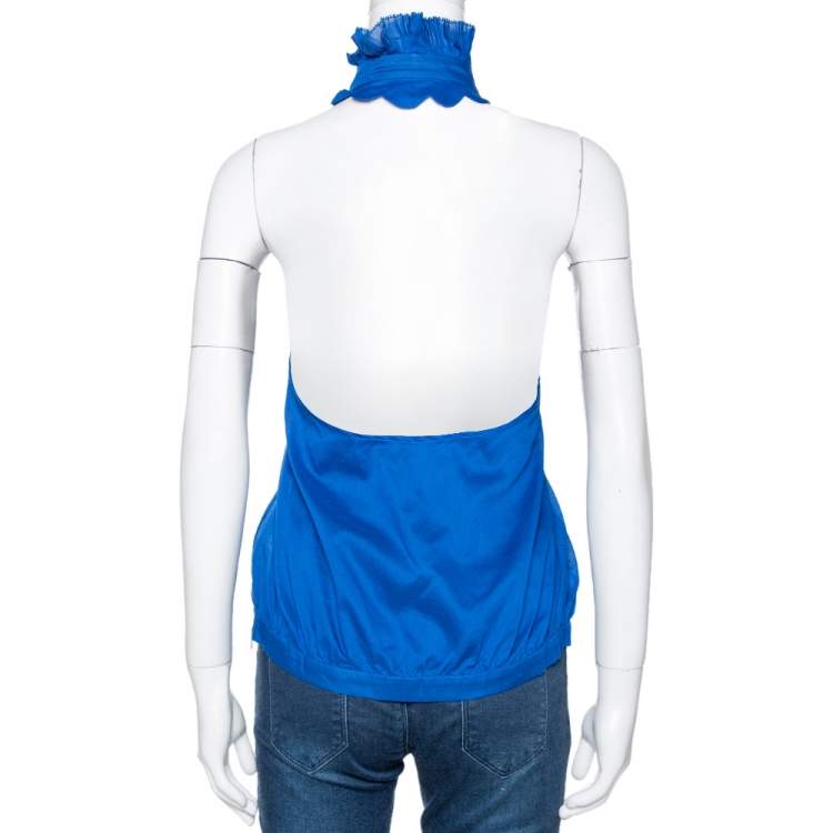 مملوكة مسبقًا Roberto Cavalli Blue Cotton Open Back Ruffled Halter Top L