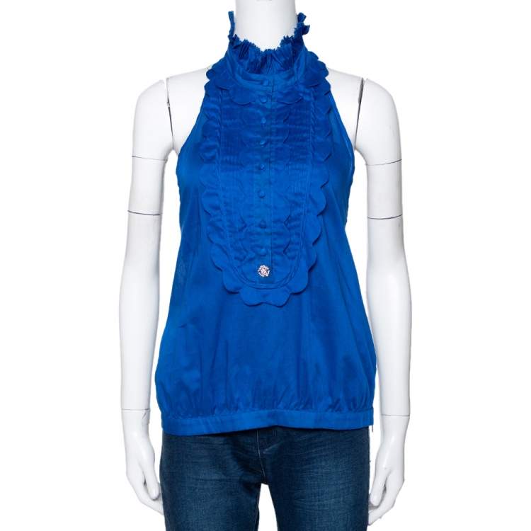 مملوكة مسبقًا Roberto Cavalli Blue Cotton Open Back Ruffled Halter Top L