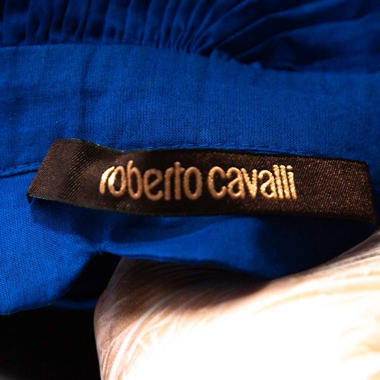 مملوكة مسبقًا Roberto Cavalli Blue Cotton Open Back Ruffled Halter Top L
