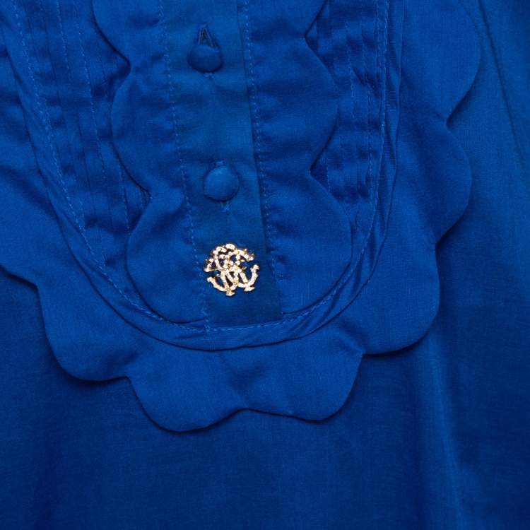 مملوكة مسبقًا Roberto Cavalli Blue Cotton Open Back Ruffled Halter Top L