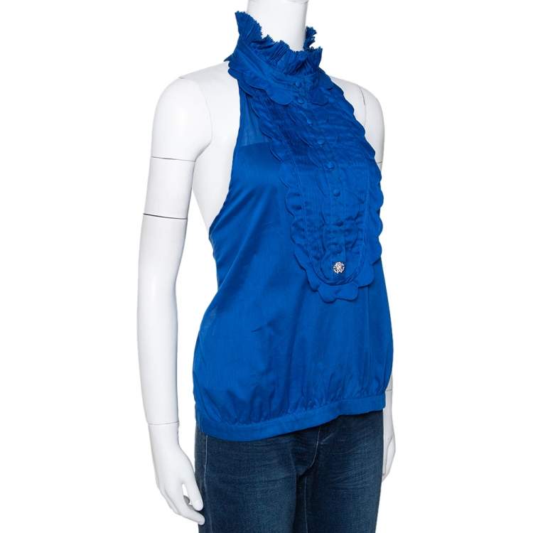 مملوكة مسبقًا Roberto Cavalli Blue Cotton Open Back Ruffled Halter Top L