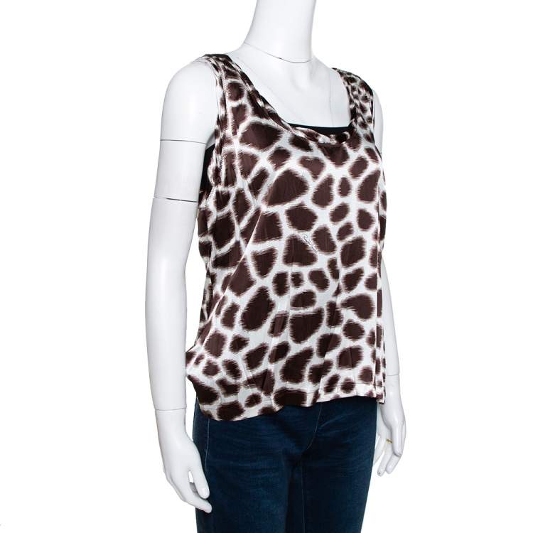 Pre Owned Roberto Cavalli Brown Printed Silk Satin Sleeveless Top L