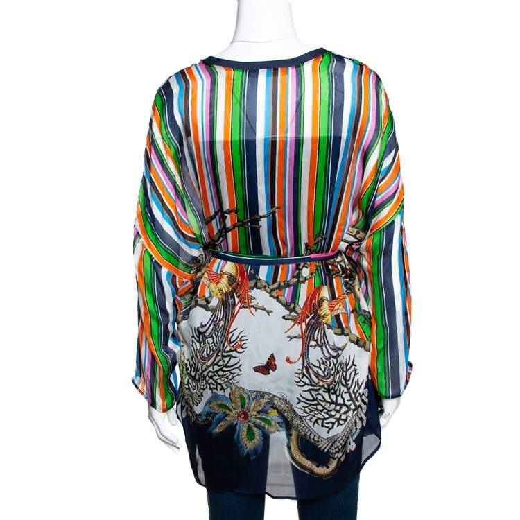Pre Owned Roberto Cavalli Multicolor Stripe Printed Silk Belted Kaftan Top M