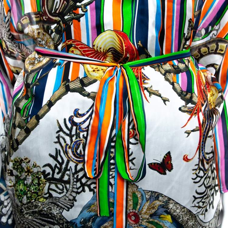 Pre Owned Roberto Cavalli Multicolor Stripe Printed Silk Belted Kaftan Top M