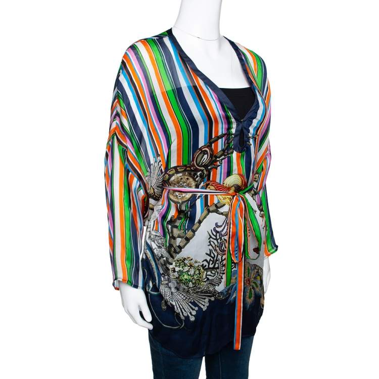 Pre Owned Roberto Cavalli Multicolor Stripe Printed Silk Belted Kaftan Top M