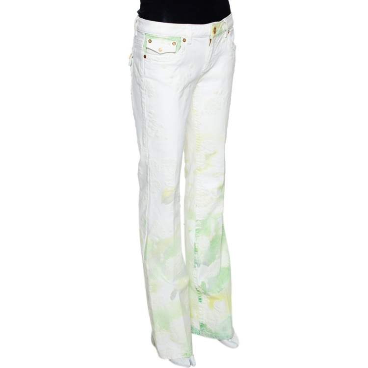 Pre Owned Roberto Cavalli White Floral Printed & Embossed Cotton Flared Jeans L