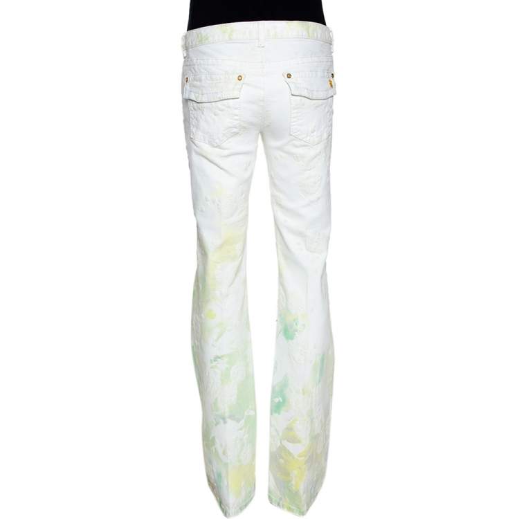 Pre Owned Roberto Cavalli White Floral Printed & Embossed Cotton Flared Jeans L