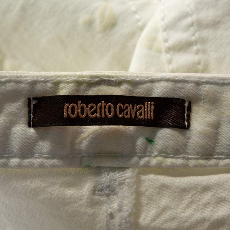 Pre Owned Roberto Cavalli White Floral Printed & Embossed Cotton Flared Jeans L
