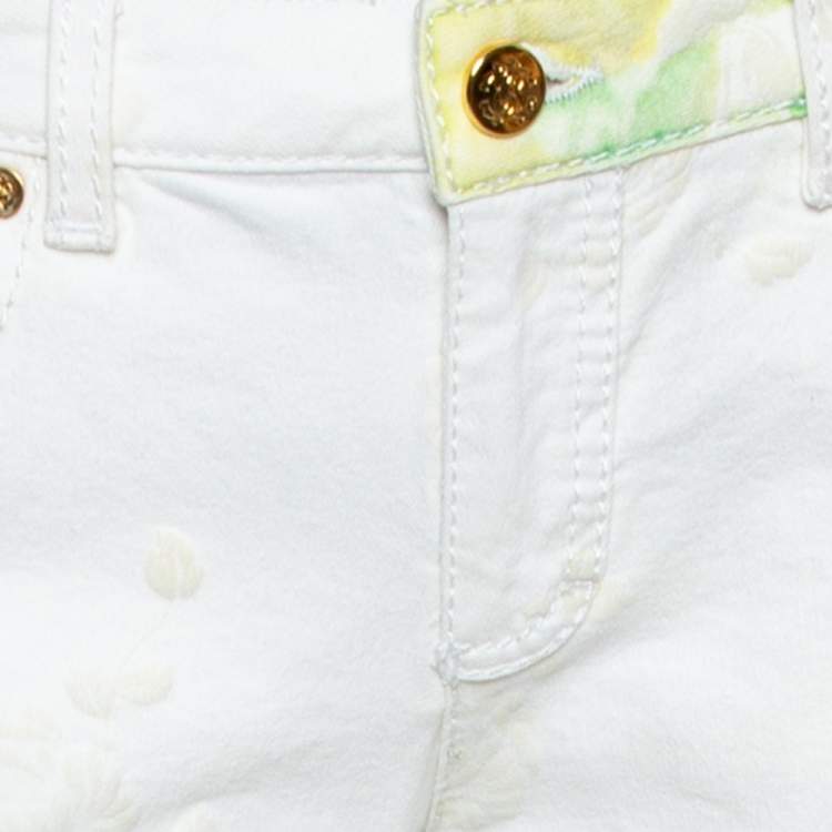 Pre Owned Roberto Cavalli White Floral Printed & Embossed Cotton Flared Jeans L