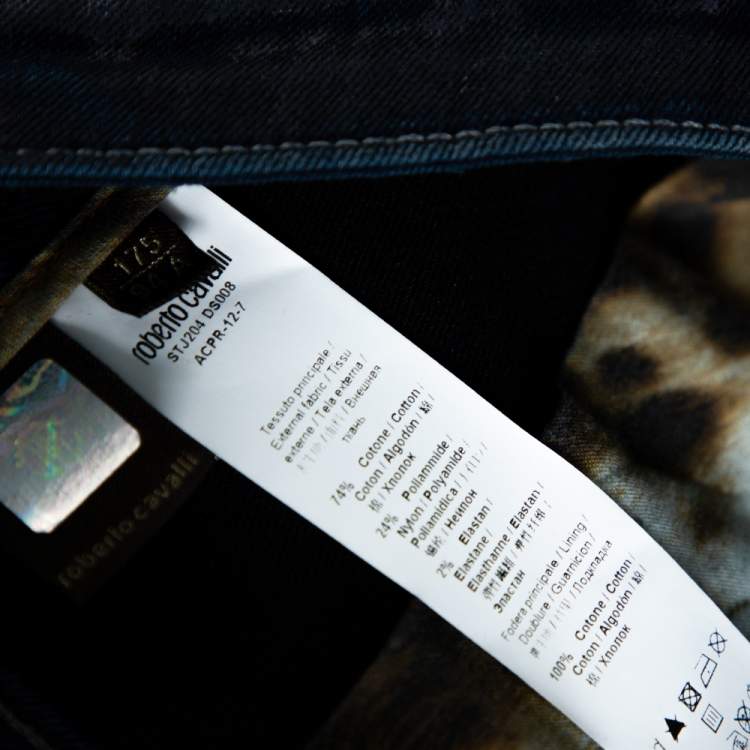Pre Owned Roberto Cavalli Navy Blue Metallic Print Denim Fitted Jeans L