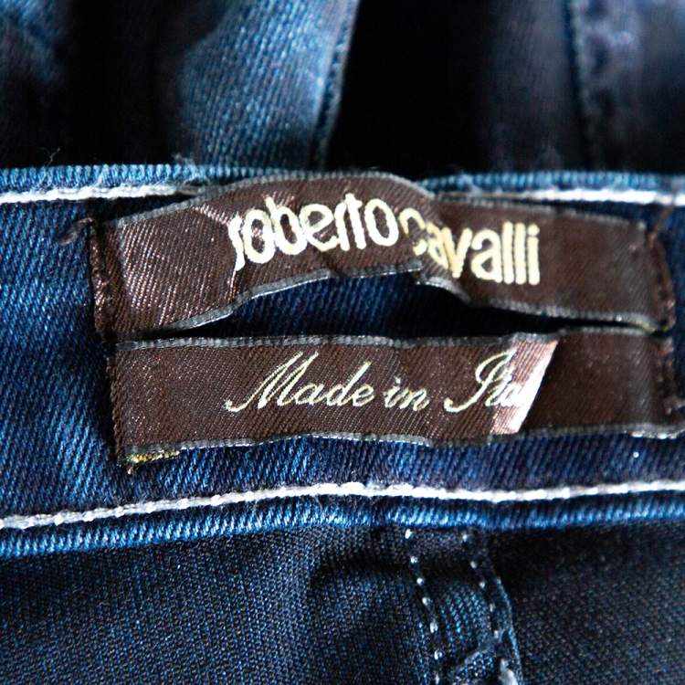 Pre Owned Roberto Cavalli Navy Blue Metallic Print Denim Fitted Jeans L