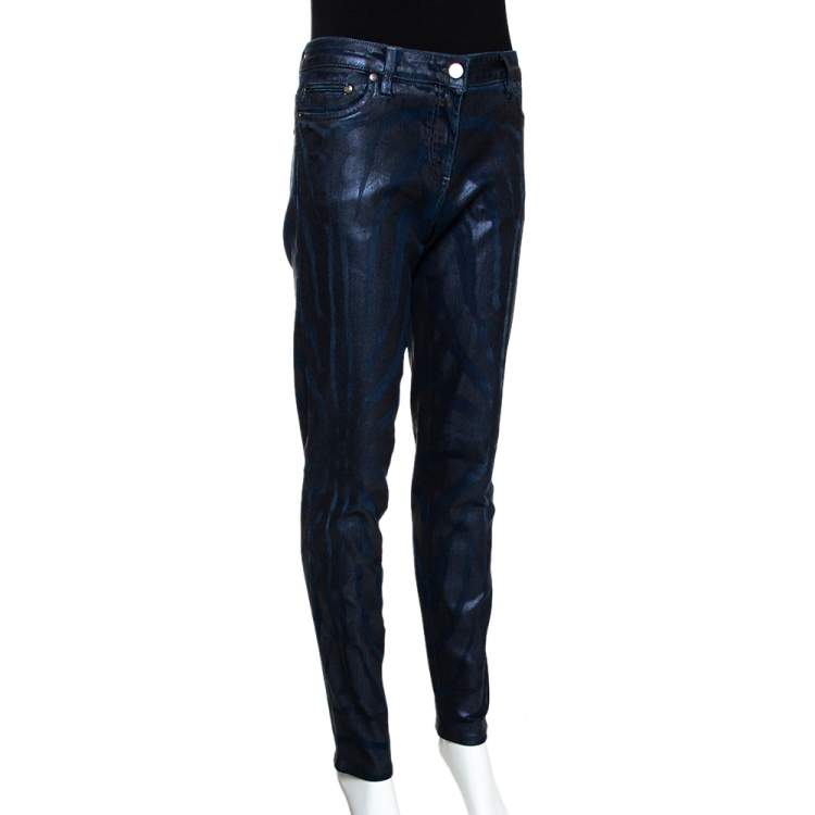 Pre Owned Roberto Cavalli Navy Blue Metallic Print Denim Fitted Jeans L