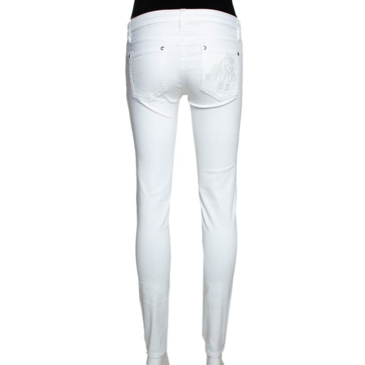 Pre Owned Roberto Cavalli White Denim Logo Embroidered Skinny Jeans S 