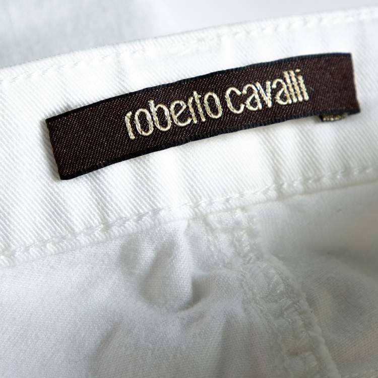 Pre Owned Roberto Cavalli White Denim Logo Embroidered Skinny Jeans S 