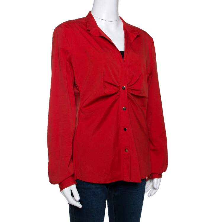 Pre Owned Roberto Cavalli Red Stretch Cotton Button Front Shirt L 