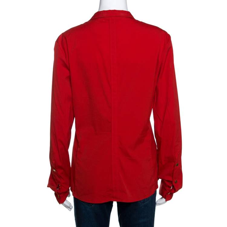 Pre Owned Roberto Cavalli Red Stretch Cotton Button Front Shirt L 