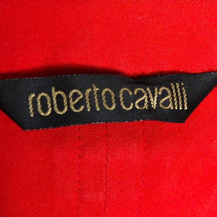 Pre Owned Roberto Cavalli Red Stretch Cotton Button Front Shirt L 