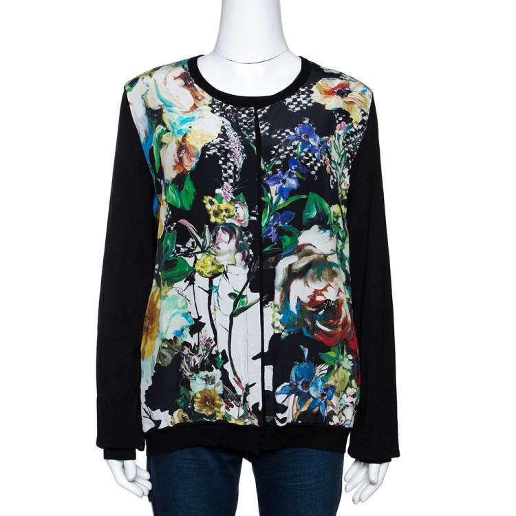 Pre Owned Roberto Cavalli Multicolor Printed Silk & Knit Double Layer Cardigan L 