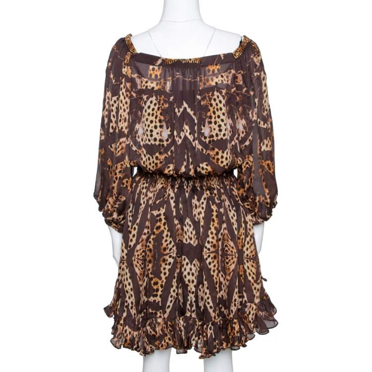 Pre Owned Roberto Cavalli Brown Animal Print Silk Ruffled Dress L