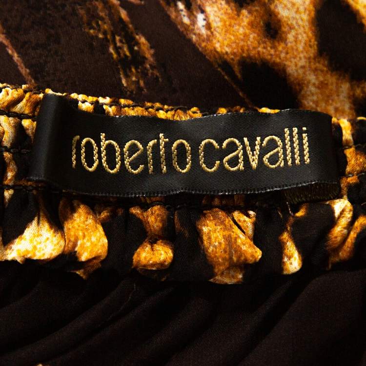 Pre Owned Roberto Cavalli Brown Animal Print Silk Ruffled Dress L