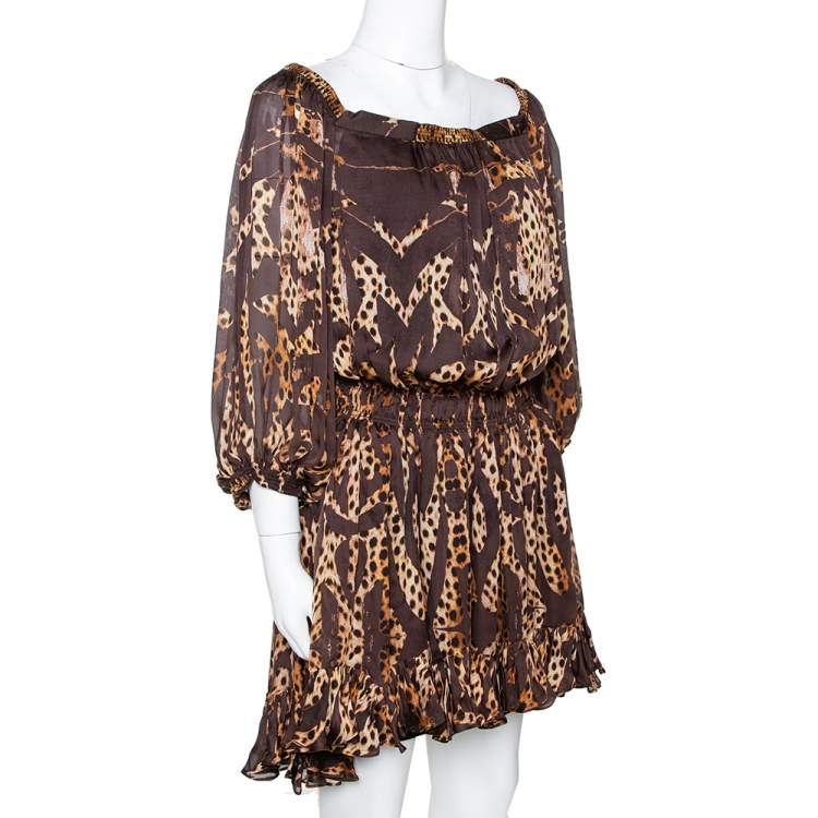 Pre Owned Roberto Cavalli Brown Animal Print Silk Ruffled Dress L