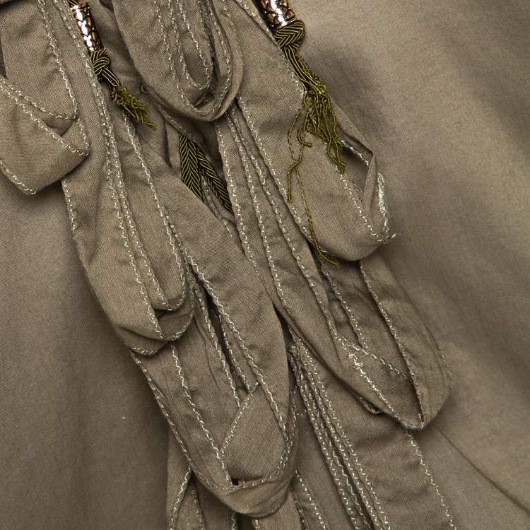 Pre Owned Roberto Cavalli Olive Green Cotton Ruffled Long Sleeve Top M