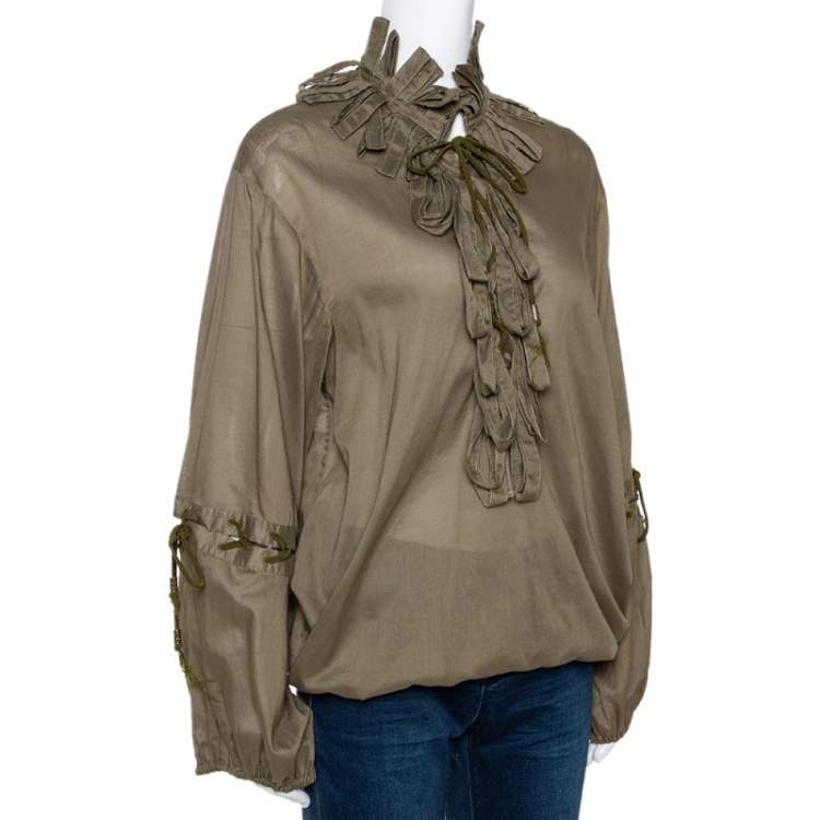 Pre Owned Roberto Cavalli Olive Green Cotton Ruffled Long Sleeve Top M