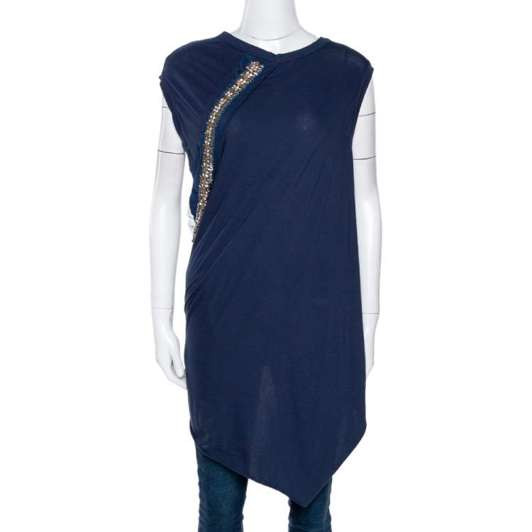 Pre Owned Roberto Cavalli Navy Blue Cotton Embellished Asymmetrical Top M