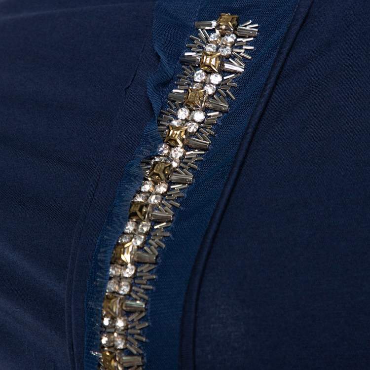 Pre Owned Roberto Cavalli Navy Blue Cotton Embellished Asymmetrical Top M