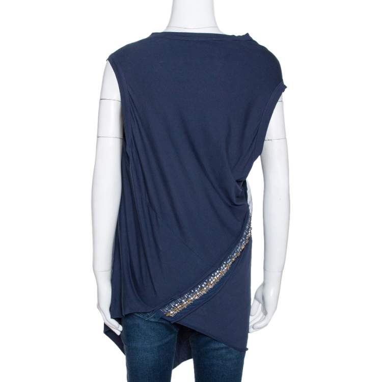 Pre Owned Roberto Cavalli Navy Blue Cotton Embellished Asymmetrical Top M