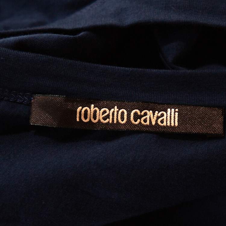Pre Owned Roberto Cavalli Navy Blue Cotton Embellished Asymmetrical Top M