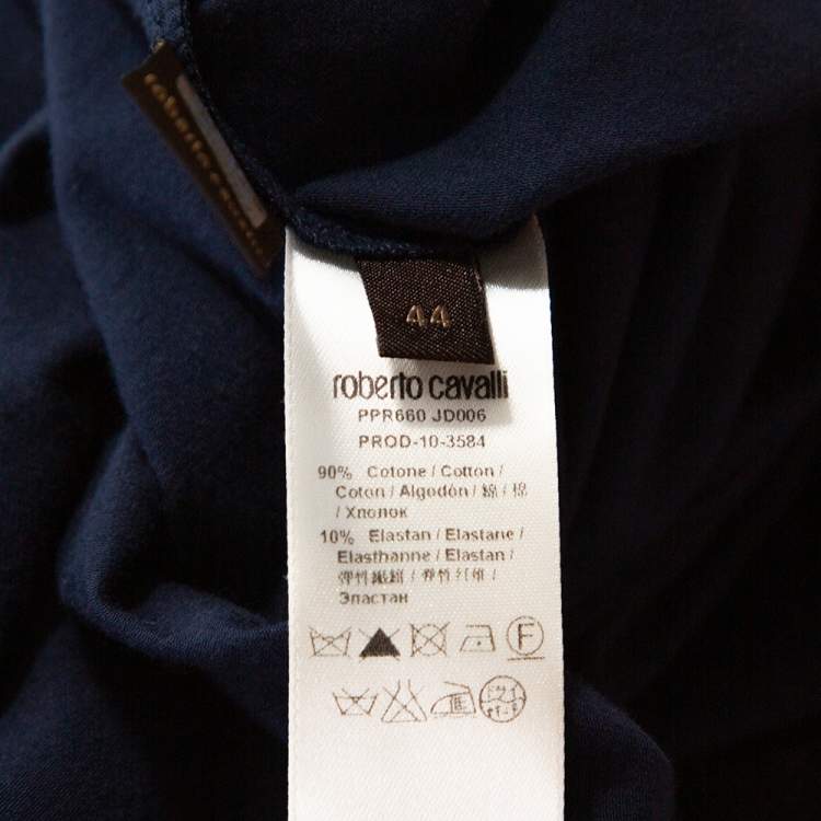 Pre Owned Roberto Cavalli Navy Blue Cotton Embellished Asymmetrical Top M
