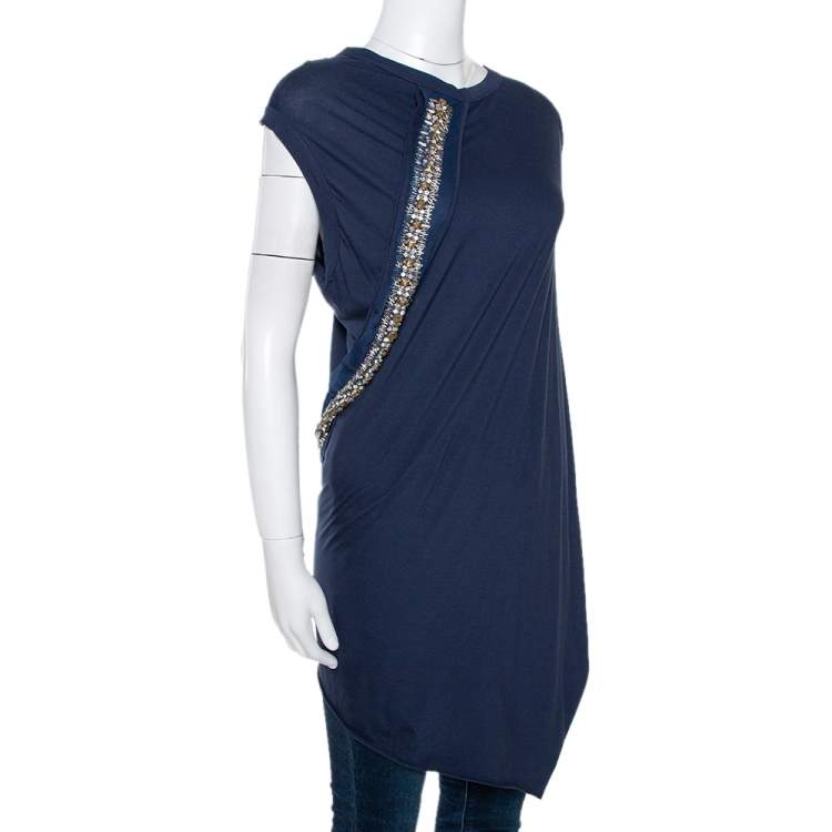 Pre Owned Roberto Cavalli Navy Blue Cotton Embellished Asymmetrical Top M