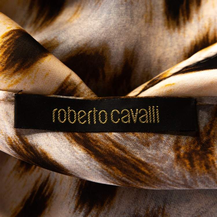 Pre Owned Roberto Cavalli Beige Animal Print Silk Gathered Kaftan Blouse M