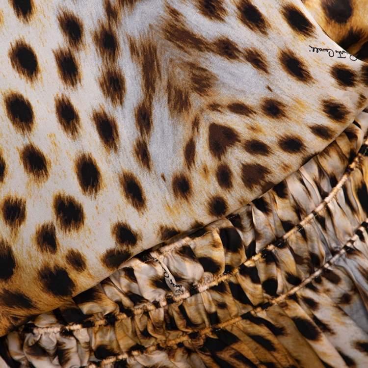 Pre Owned Roberto Cavalli Beige Animal Print Silk Gathered Kaftan Blouse M