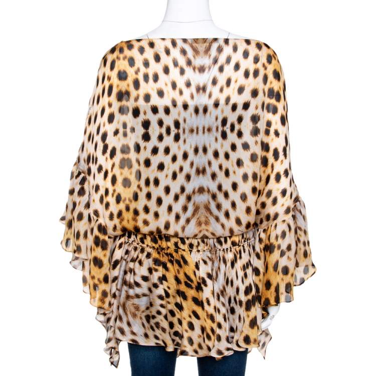 Pre Owned Roberto Cavalli Beige Animal Print Silk Gathered Kaftan Blouse M