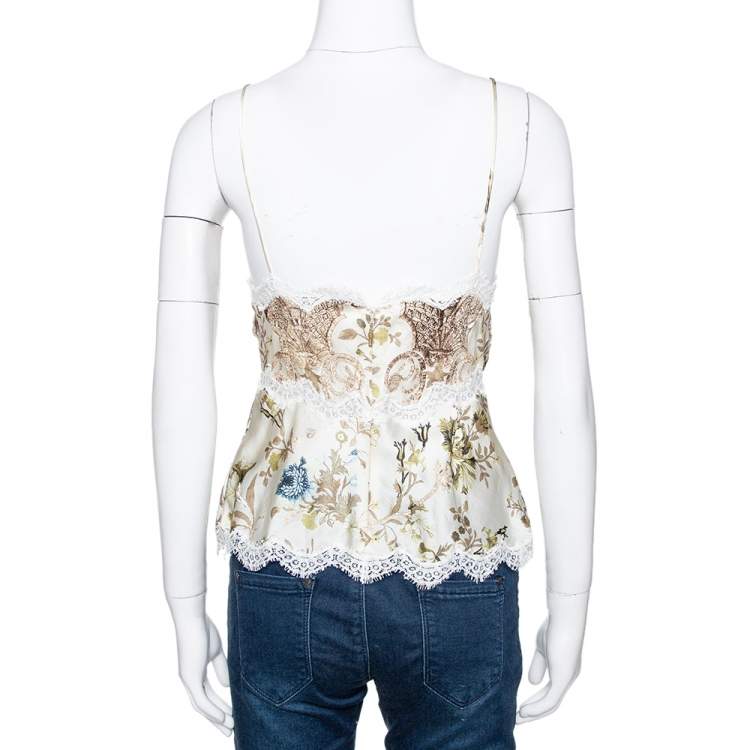 Pre Owned Roberto Cavalli Cream Floral Shimmer Print Silk Lace Trim Camisole L