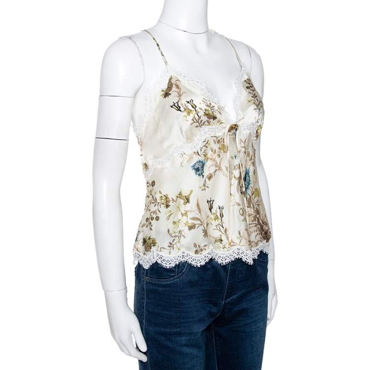 Pre Owned Roberto Cavalli Cream Floral Shimmer Print Silk Lace Trim Camisole L