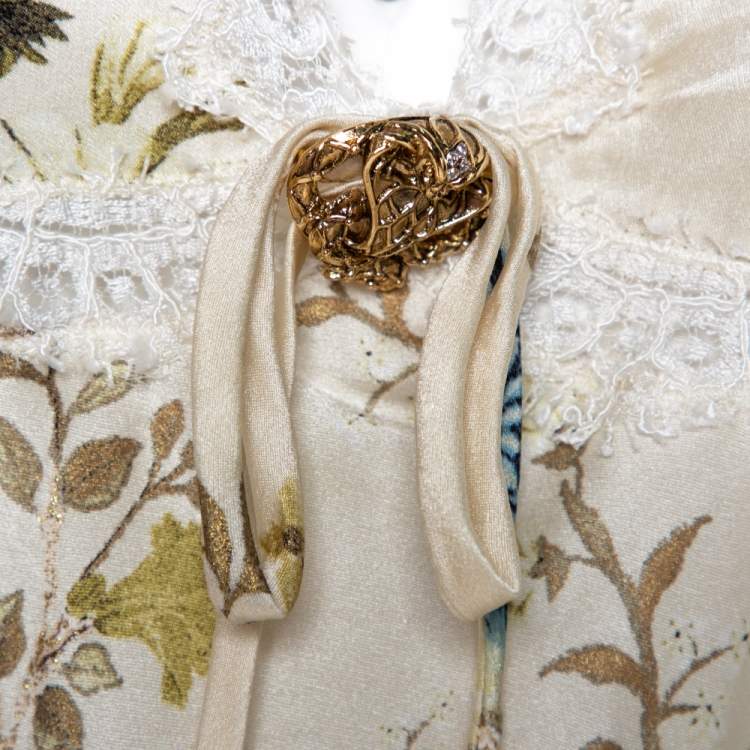 Pre Owned Roberto Cavalli Cream Floral Shimmer Print Silk Lace Trim Camisole L