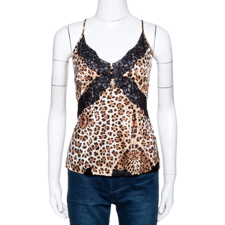 Pre Owned Roberto Cavalli Brown Animal Print Silk Lace Trim Camisole Top L
