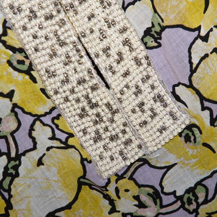 Pre Owned Roberto Cavalli Yellow Printed Cotton Bead Embellished Top L