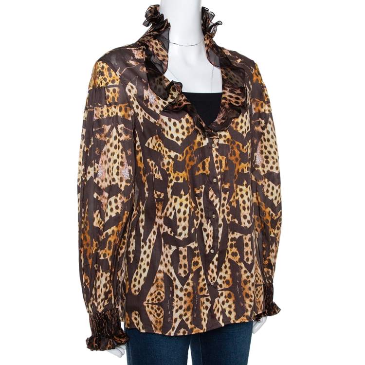 Pre Owned Roberto Cavalli Brown Animal Print Cotton Ruffled Top M