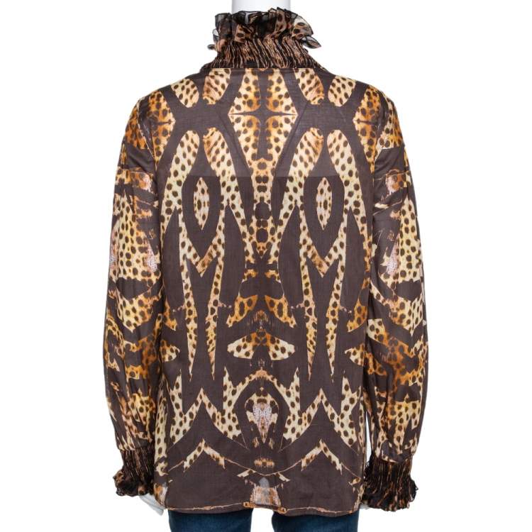 Pre Owned Roberto Cavalli Brown Animal Print Cotton Ruffled Top M