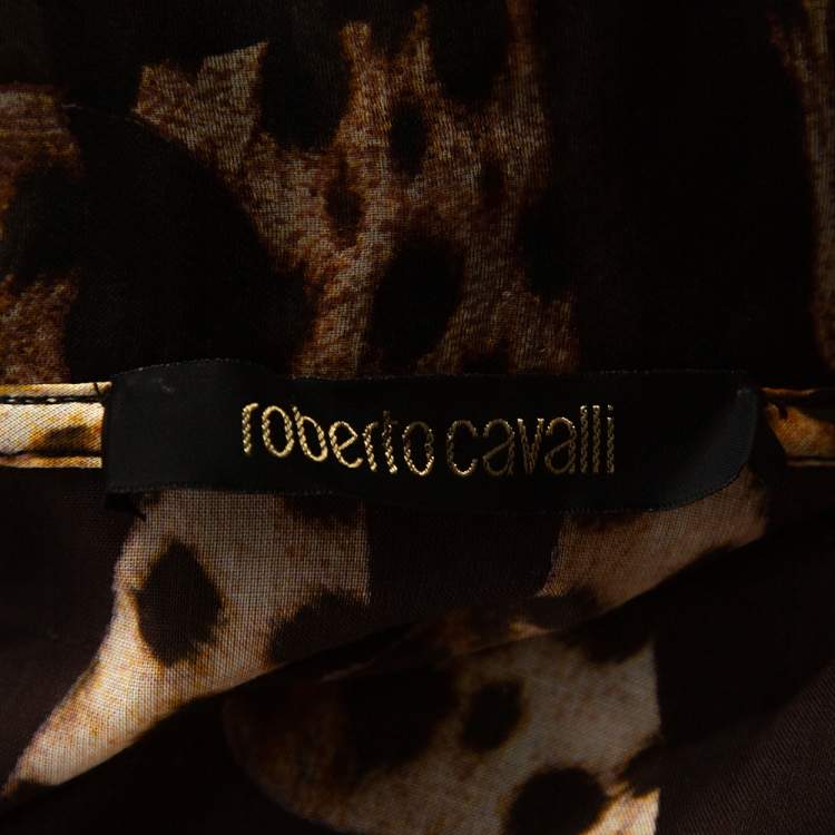 Pre Owned Roberto Cavalli Brown Animal Print Cotton Ruffled Top M