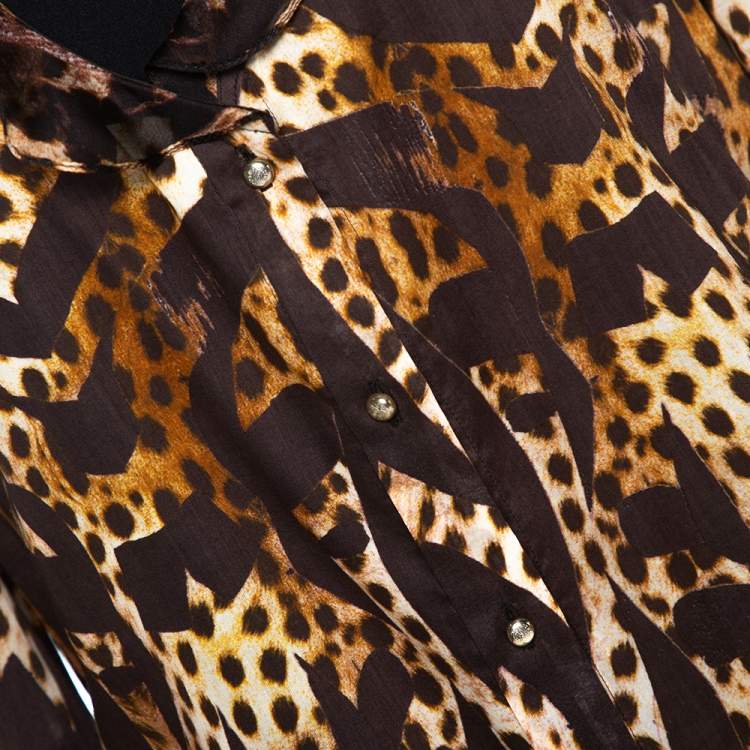 Pre Owned Roberto Cavalli Brown Animal Print Cotton Ruffled Top M