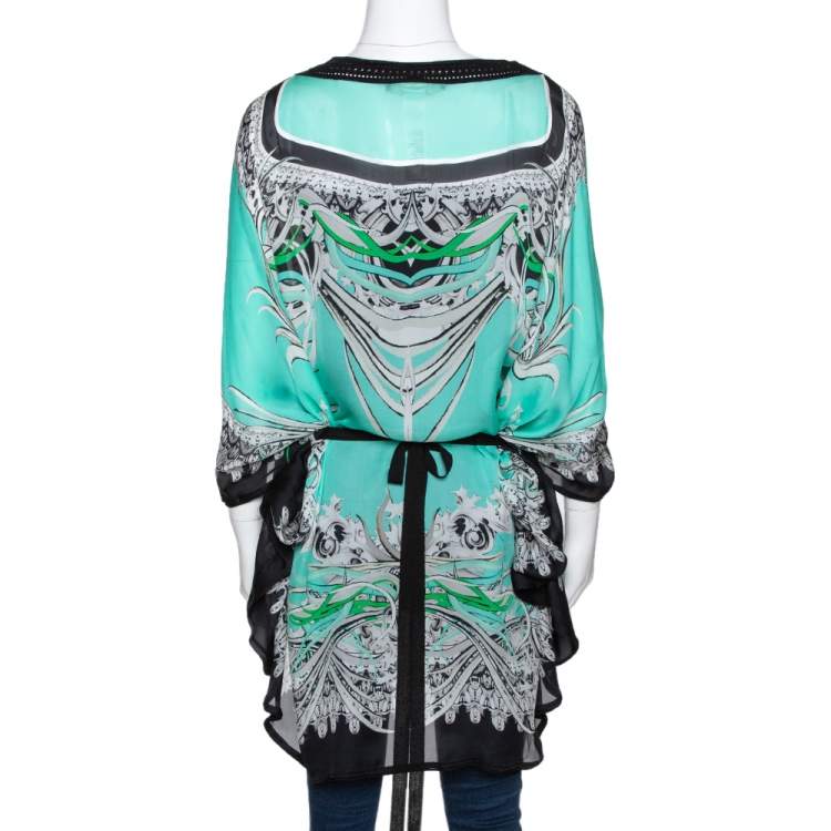 Pre Owned Roberto Cavalli Mint Green Abstract Printed Silk Contrast Knit Trim Kaftan Top M