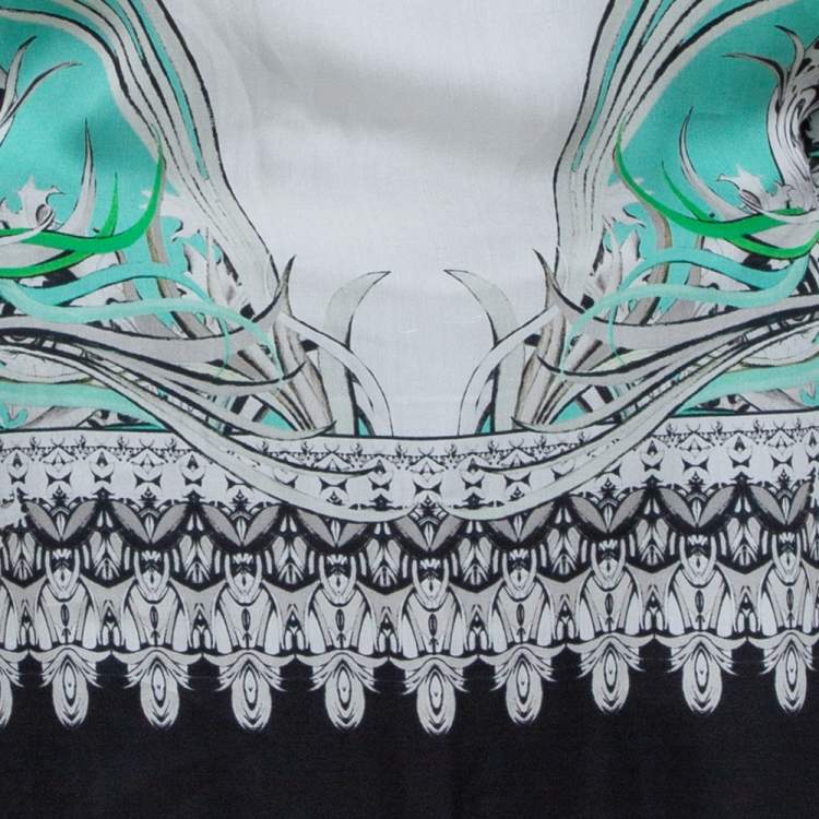 Pre Owned Roberto Cavalli Mint Green Abstract Printed Silk Contrast Knit Trim Kaftan Top M