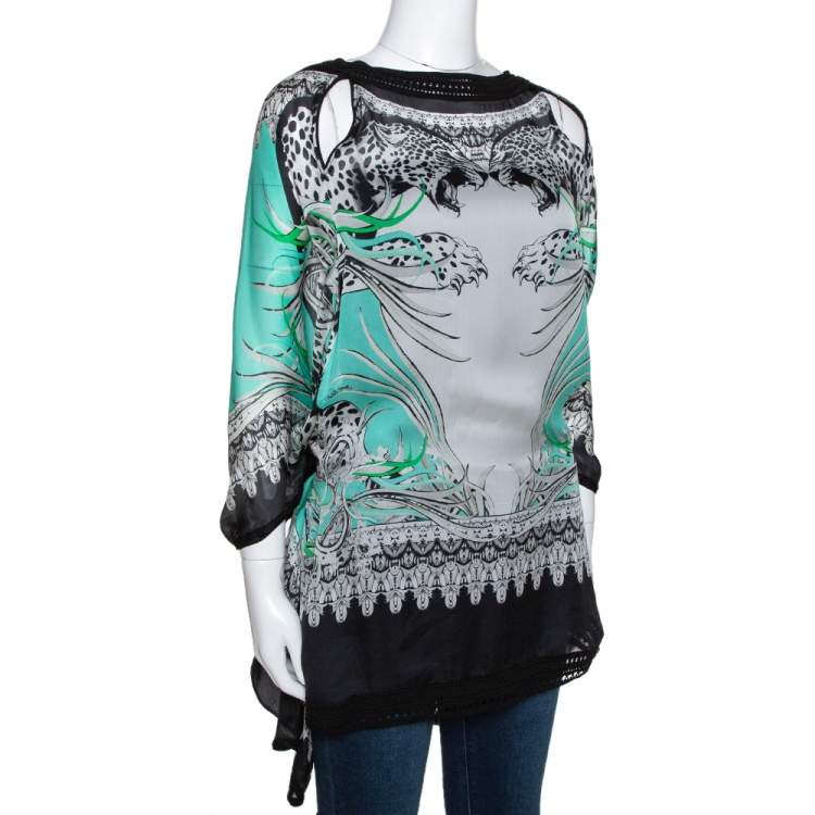 Pre Owned Roberto Cavalli Mint Green Abstract Printed Silk Contrast Knit Trim Kaftan Top M