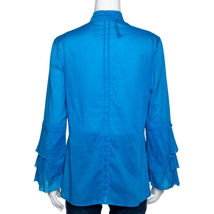مملوكة مسبقًا Roberto Cavalli Blue Cotton Tiered Sleeve Pintucked Detail Shirt L
