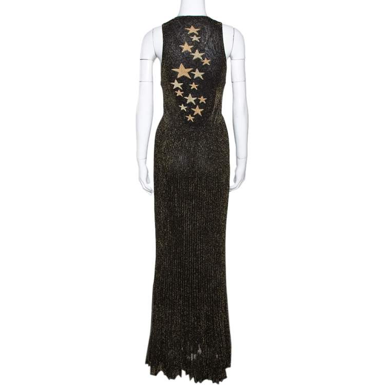 Pre Owned Roberto Cavalli Black & Gold Star Lurex Rib Knit Sleeveless Gown M